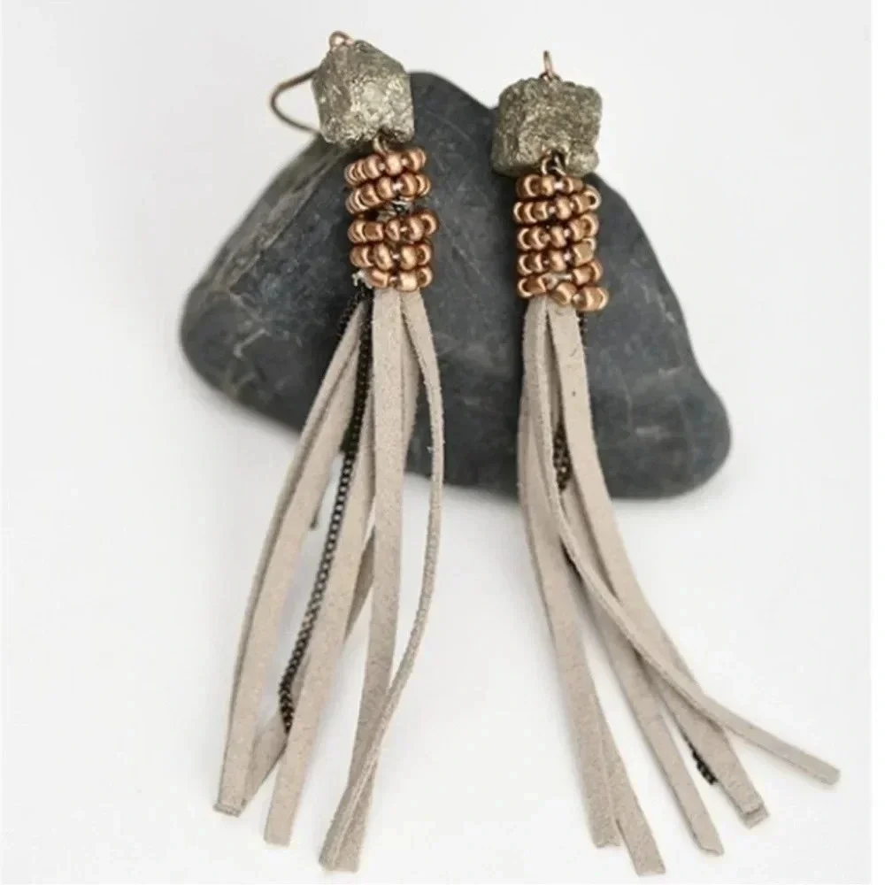 1 LEFT! Hematite Nugget Leather Fringe Earrings